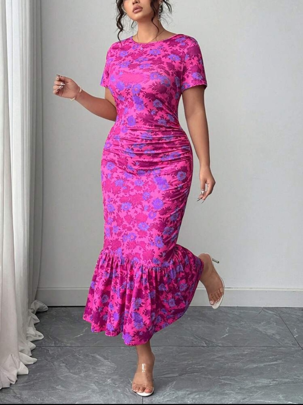 NWOT: Hot Pink Floral Ruched Mermaid Midi Dress